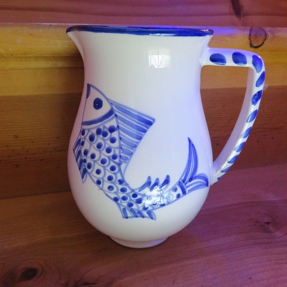 Other - Vtg Tunisian handpainted handmade ceramic decorative white blue fish pitcher